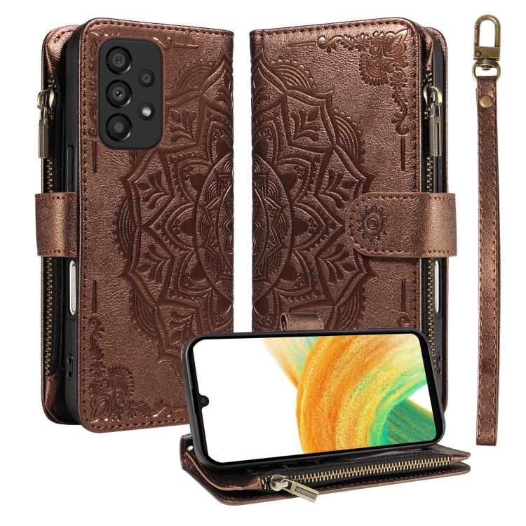 Custodia per telefono in ecopelle vegana con cerniera, protezione RFID e cordino corto, con motivo mandala in rilievo, 9 scomparti per carte e scomparto RFID., For Samsung Galaxy A53 5G, For Samsung Galaxy A73 5G, For Samsung Galaxy A33 5G