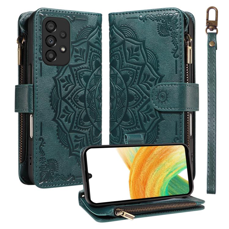 Custodia per telefono in ecopelle vegana con cerniera, protezione RFID e cordino corto, con motivo mandala in rilievo, 9 scomparti per carte e scomparto RFID., For Samsung Galaxy A53 5G, For Samsung Galaxy A73 5G, For Samsung Galaxy A33 5G