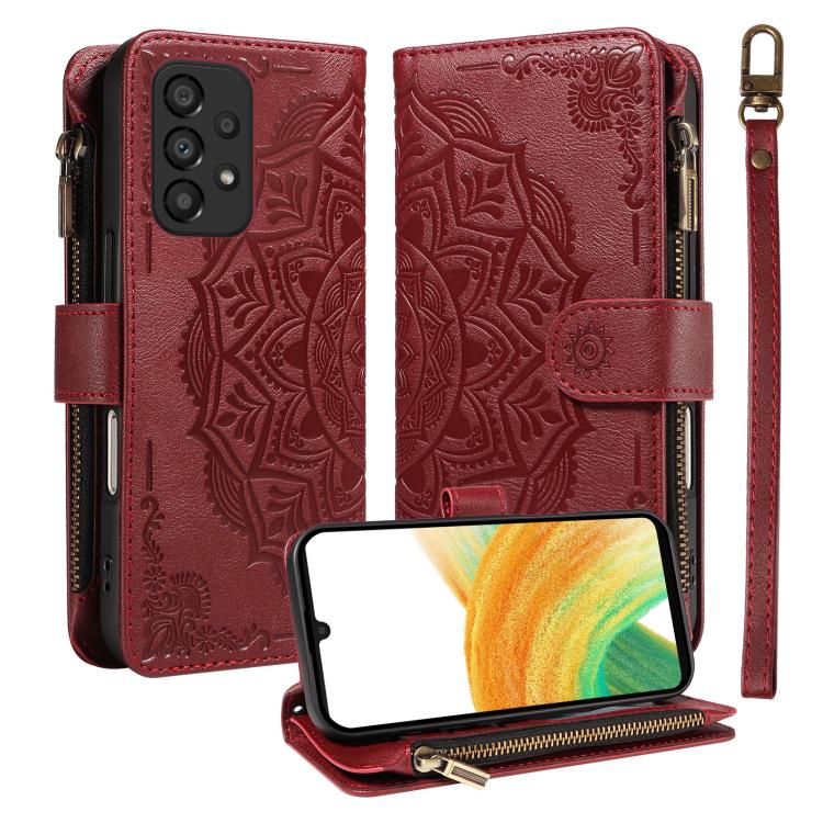 Custodia per telefono in ecopelle vegana con cerniera, protezione RFID e cordino corto, con motivo mandala in rilievo, 9 scomparti per carte e scomparto RFID., For Samsung Galaxy A53 5G, For Samsung Galaxy A73 5G, For Samsung Galaxy A33 5G
