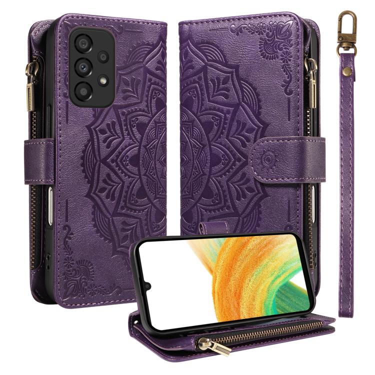 Custodia per telefono in ecopelle vegana con cerniera, protezione RFID e cordino corto, con motivo mandala in rilievo, 9 scomparti per carte e scomparto RFID., For Samsung Galaxy A53 5G, For Samsung Galaxy A73 5G, For Samsung Galaxy A33 5G
