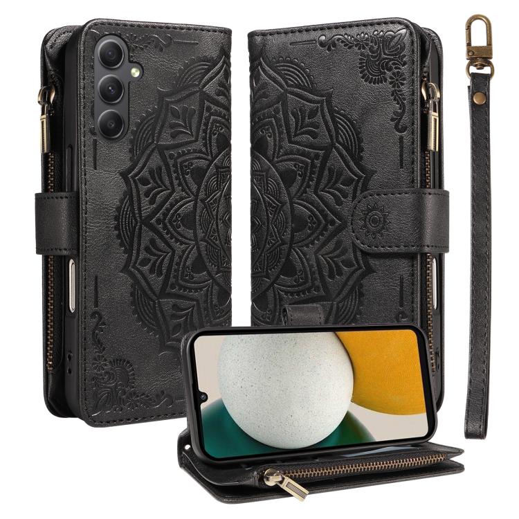 Custodia per telefono in ecopelle vegana con cerniera, protezione RFID e cordino corto, con motivo mandala in rilievo, 9 scomparti per carte e scomparto RFID., For Samsung Galaxy A24 4G, For Samsung Galaxy A34 5G, For Samsung Galaxy A54 5G             ...