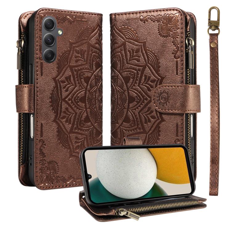 Custodia per telefono in ecopelle vegana con cerniera, protezione RFID e cordino corto, con motivo mandala in rilievo, 9 scomparti per carte e scomparto RFID., For Samsung Galaxy A24 4G, For Samsung Galaxy A34 5G, For Samsung Galaxy A54 5G             ...
