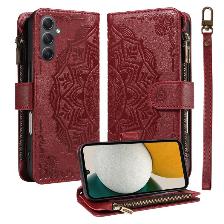 Custodia per telefono in ecopelle vegana con cerniera, protezione RFID e cordino corto, con motivo mandala in rilievo, 9 scomparti per carte e scomparto RFID., For Samsung Galaxy A24 4G, For Samsung Galaxy A34 5G, For Samsung Galaxy A54 5G             ...