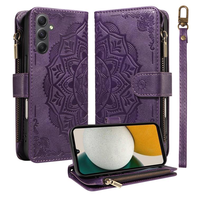 Custodia per telefono in ecopelle vegana con cerniera, protezione RFID e cordino corto, con motivo mandala in rilievo, 9 scomparti per carte e scomparto RFID., For Samsung Galaxy A24 4G, For Samsung Galaxy A34 5G, For Samsung Galaxy A54 5G             ...