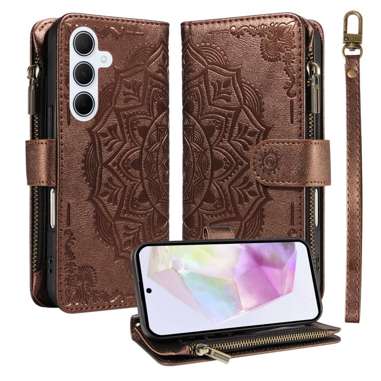 Custodia per telefono in ecopelle vegana con cerniera, protezione RFID e cordino corto, con motivo mandala in rilievo, 9 scomparti per carte e scomparto RFID., For Samsung Galaxy A35 5G, For Samsung Galaxy A05, For Samsung Galaxy A05s                  ...