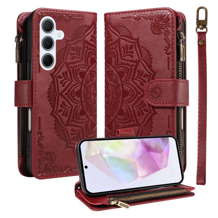 Custodia per telefono in ecopelle vegana con cerniera, protezione RFID e cordino corto, con motivo mandala in rilievo, 9 scomparti per carte e scomparto RFID., For Samsung Galaxy A35 5G, For Samsung Galaxy A05, For Samsung Galaxy A05s                  ...