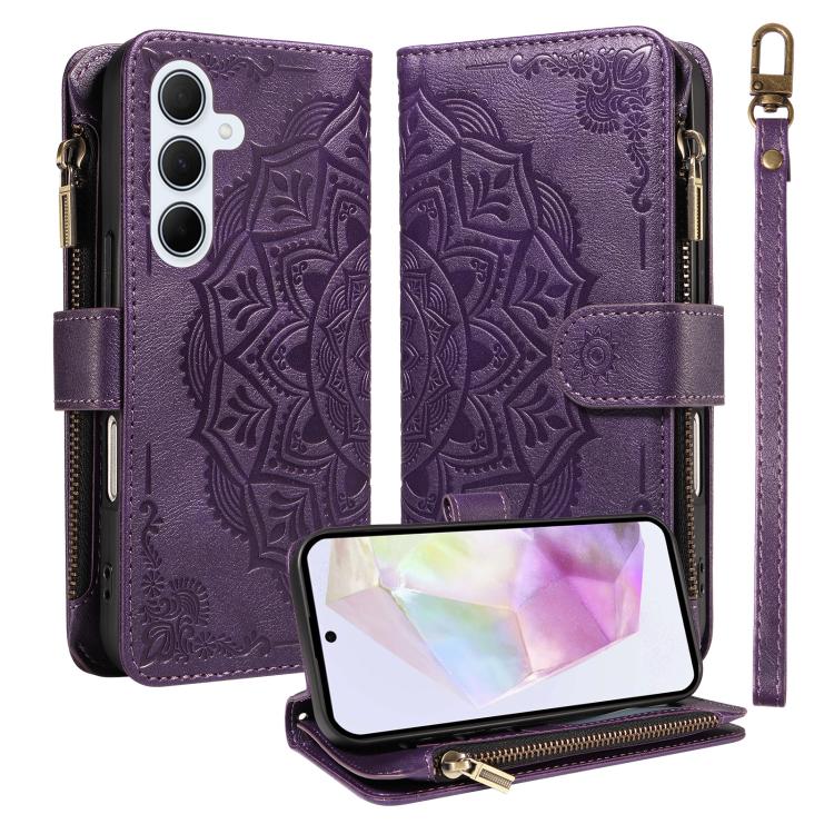 Custodia per telefono in ecopelle vegana con cerniera, protezione RFID e cordino corto, con motivo mandala in rilievo, 9 scomparti per carte e scomparto RFID., For Samsung Galaxy A35 5G, For Samsung Galaxy A05, For Samsung Galaxy A05s                  ...