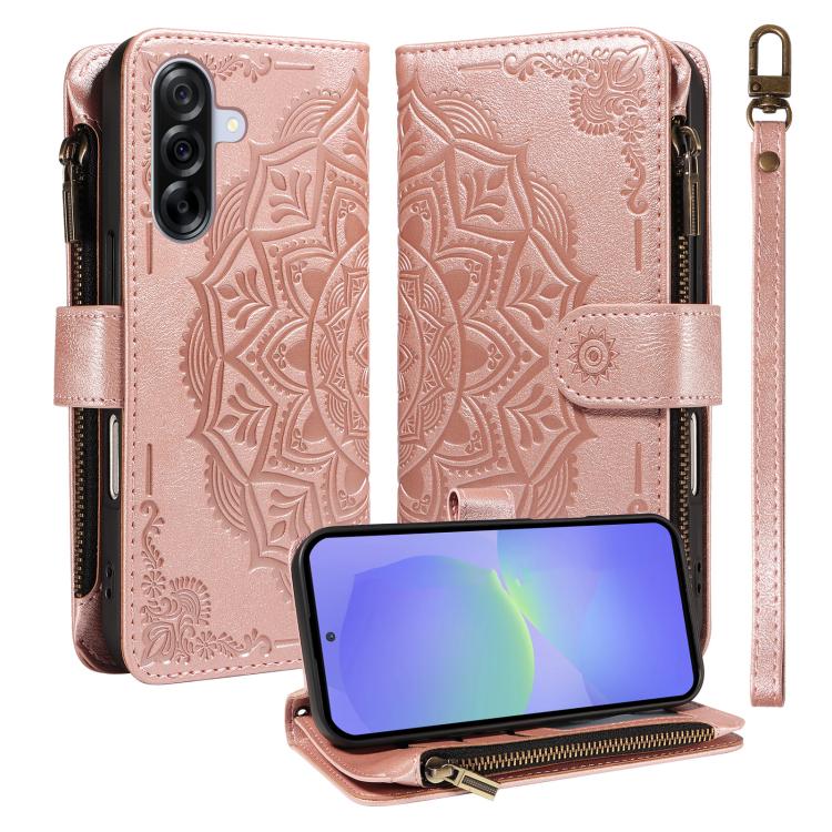 Custodia per telefono in ecopelle vegana con cerniera, protezione RFID e cordino corto, con motivo mandala in rilievo, 9 scomparti per carte e scomparto RFID., For Samsung Galaxy A26 5G / A16 4G, For Samsung Galaxy A36 5G, For Samsung Galaxy A15 5G    ...