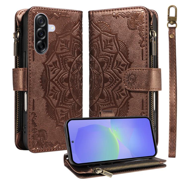 Custodia per telefono in ecopelle vegana con cerniera, protezione RFID e cordino corto, con motivo mandala in rilievo, 9 scomparti per carte e scomparto RFID., For Samsung Galaxy A26 5G / A16 4G, For Samsung Galaxy A36 5G, For Samsung Galaxy A15 5G    ...