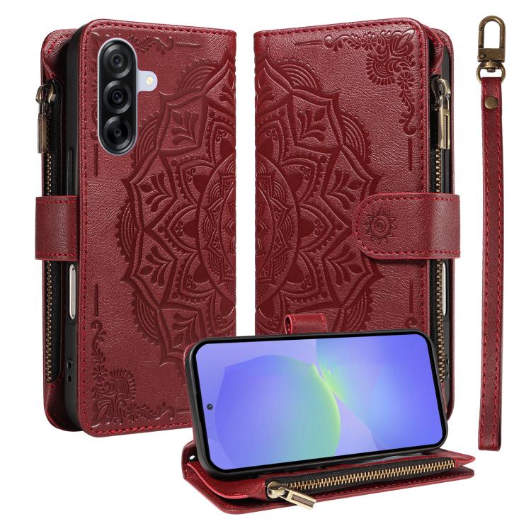 Custodia per telefono in ecopelle vegana con cerniera, protezione RFID e cordino corto, con motivo mandala in rilievo, 9 scomparti per carte e scomparto RFID., For Samsung Galaxy A26 5G / A16 4G, For Samsung Galaxy A36 5G, For Samsung Galaxy A15 5G    ...