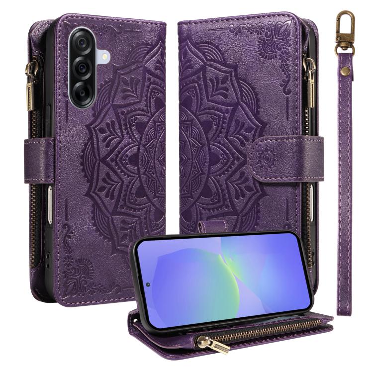 Custodia per telefono in ecopelle vegana con cerniera, protezione RFID e cordino corto, con motivo mandala in rilievo, 9 scomparti per carte e scomparto RFID., For Samsung Galaxy A26 5G / A16 4G, For Samsung Galaxy A36 5G, For Samsung Galaxy A15 5G    ...