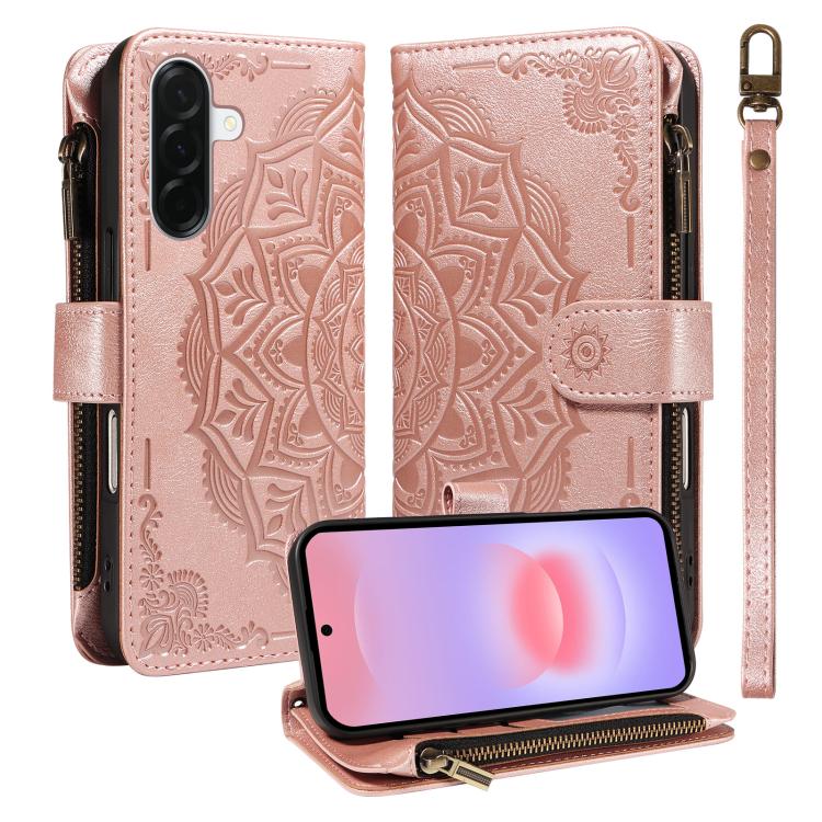 Custodia per telefono in ecopelle vegana con cerniera, protezione RFID e cordino corto, con motivo mandala in rilievo, 9 scomparti per carte e scomparto RFID., For Samsung Galaxy A57 5G, For Samsung Galaxy A37 5G, For Samsung Galaxy A27 5G             ...