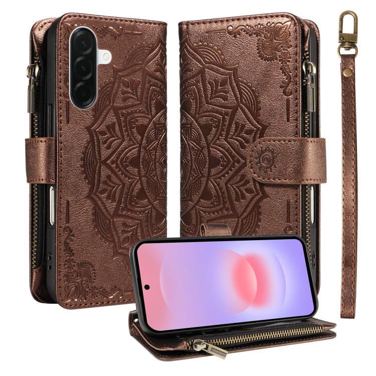 Custodia per telefono in ecopelle vegana con cerniera, protezione RFID e cordino corto, con motivo mandala in rilievo, 9 scomparti per carte e scomparto RFID., For Samsung Galaxy A57 5G, For Samsung Galaxy A37 5G, For Samsung Galaxy A27 5G             ...