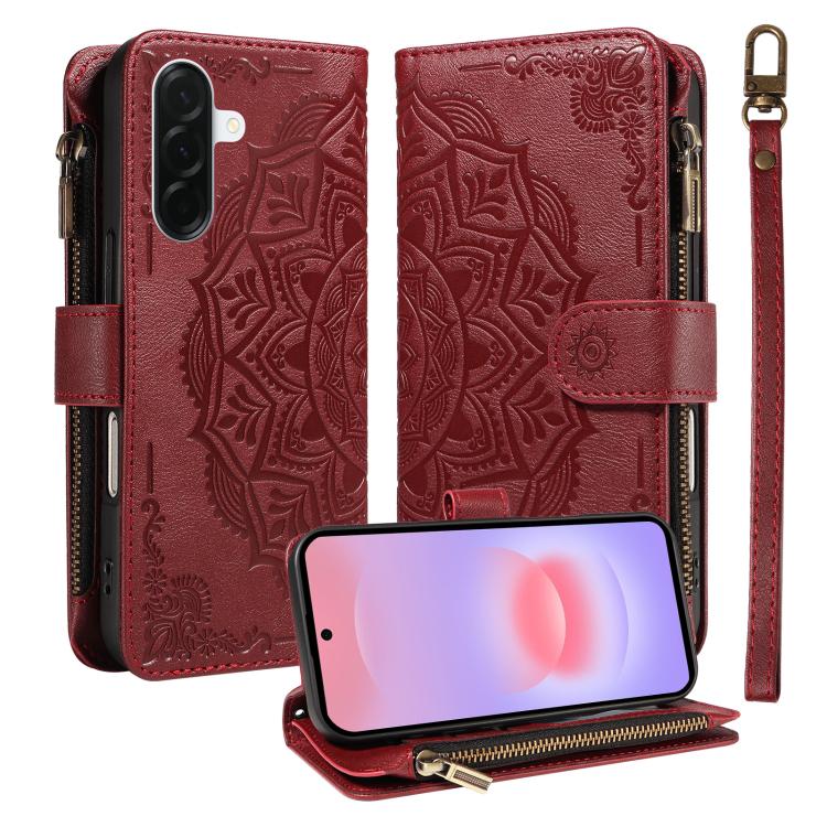 Custodia per telefono in ecopelle vegana con cerniera, protezione RFID e cordino corto, con motivo mandala in rilievo, 9 scomparti per carte e scomparto RFID., For Samsung Galaxy A57 5G, For Samsung Galaxy A37 5G, For Samsung Galaxy A27 5G             ...