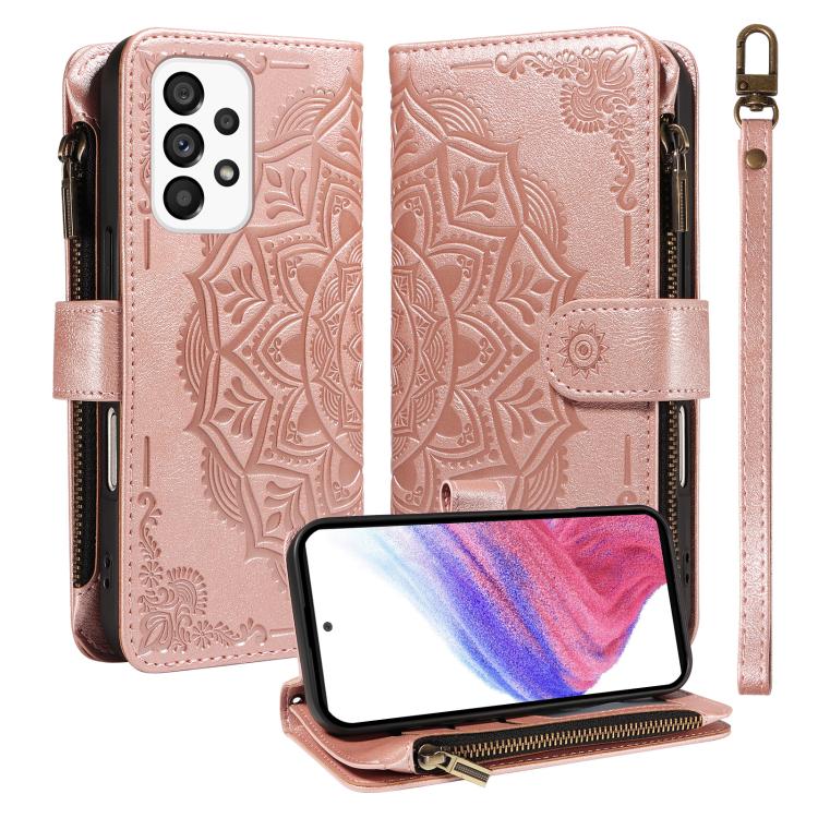 Custodia per telefono in ecopelle vegana con cerniera, protezione RFID e cordino corto, con motivo mandala in rilievo, 9 scomparti per carte e scomparto RFID., For Samsung Galaxy A53 5G, For Samsung Galaxy A73 5G, For Samsung Galaxy A33 5G