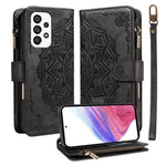 Custodia per telefono in ecopelle vegana con cerniera, protezione RFID e cordino corto, con motivo mandala in rilievo, 9 scomparti per carte e scomparto RFID., For Samsung Galaxy A53 5G, For Samsung Galaxy A73 5G, For Samsung Galaxy A33 5G