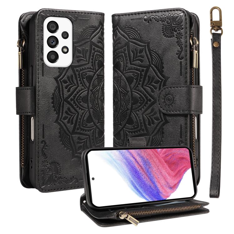 Custodia per telefono in ecopelle vegana con cerniera, protezione RFID e cordino corto, con motivo mandala in rilievo, 9 scomparti per carte e scomparto RFID., For Samsung Galaxy A53 5G, For Samsung Galaxy A73 5G, For Samsung Galaxy A33 5G