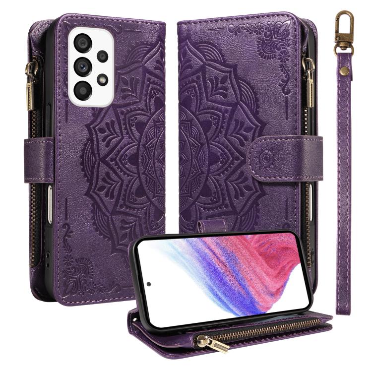 Custodia per telefono in ecopelle vegana con cerniera, protezione RFID e cordino corto, con motivo mandala in rilievo, 9 scomparti per carte e scomparto RFID., For Samsung Galaxy A53 5G, For Samsung Galaxy A73 5G, For Samsung Galaxy A33 5G
