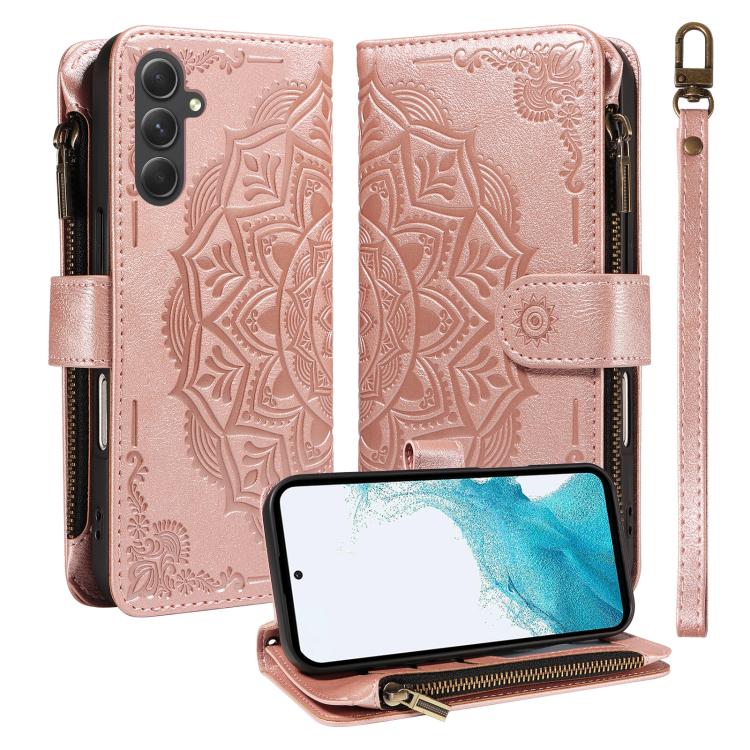 Custodia per telefono in ecopelle vegana con cerniera, protezione RFID e cordino corto, con motivo mandala in rilievo, 9 scomparti per carte e scomparto RFID., For Samsung Galaxy A24 4G, For Samsung Galaxy A34 5G, For Samsung Galaxy A54 5G             ...
