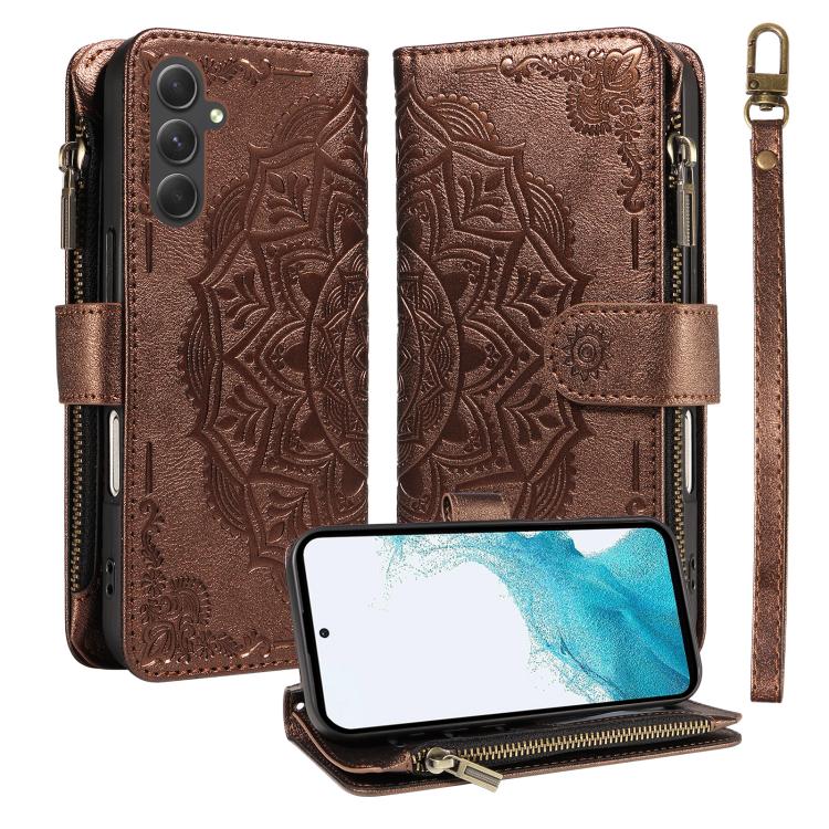 Custodia per telefono in ecopelle vegana con cerniera, protezione RFID e cordino corto, con motivo mandala in rilievo, 9 scomparti per carte e scomparto RFID., For Samsung Galaxy A24 4G, For Samsung Galaxy A34 5G, For Samsung Galaxy A54 5G             ...