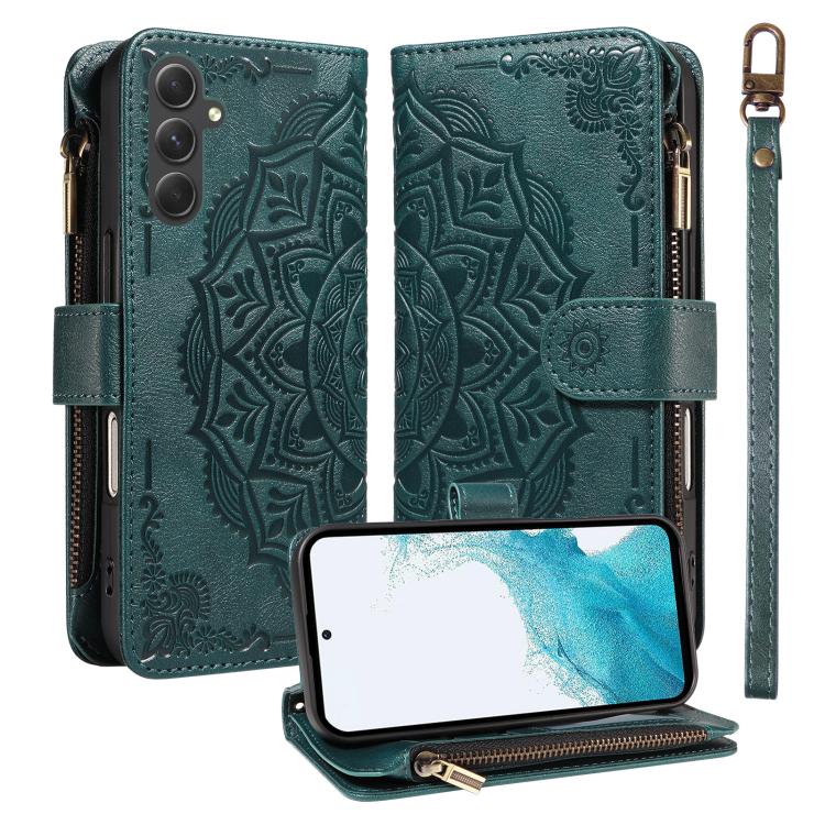 Custodia per telefono in ecopelle vegana con cerniera, protezione RFID e cordino corto, con motivo mandala in rilievo, 9 scomparti per carte e scomparto RFID., For Samsung Galaxy A24 4G, For Samsung Galaxy A34 5G, For Samsung Galaxy A54 5G             ...