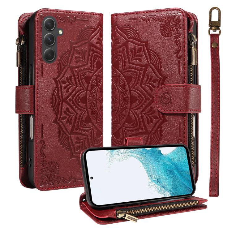 Custodia per telefono in ecopelle vegana con cerniera, protezione RFID e cordino corto, con motivo mandala in rilievo, 9 scomparti per carte e scomparto RFID., For Samsung Galaxy A24 4G, For Samsung Galaxy A34 5G, For Samsung Galaxy A54 5G             ...