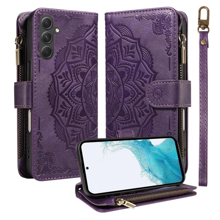 Custodia per telefono in ecopelle vegana con cerniera, protezione RFID e cordino corto, con motivo mandala in rilievo, 9 scomparti per carte e scomparto RFID., For Samsung Galaxy A24 4G, For Samsung Galaxy A34 5G, For Samsung Galaxy A54 5G             ...