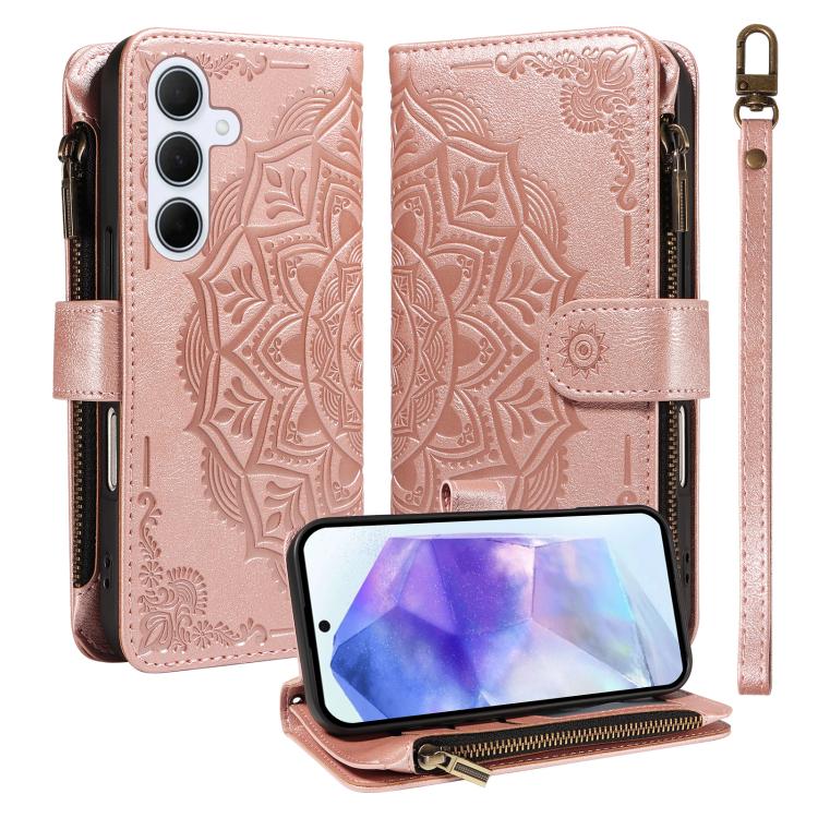 Custodia per telefono in ecopelle vegana con cerniera, protezione RFID e cordino corto, con motivo mandala in rilievo, 9 scomparti per carte e scomparto RFID., For Samsung Galaxy A26 5G / A16 4G, For Samsung Galaxy A36 5G, For Samsung Galaxy A15 5G    ...