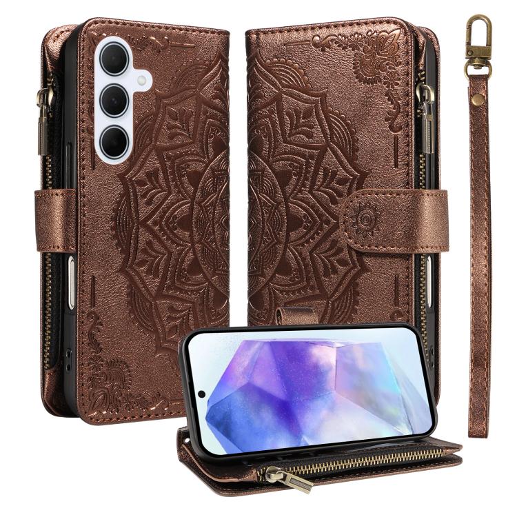 Custodia per telefono in ecopelle vegana con cerniera, protezione RFID e cordino corto, con motivo mandala in rilievo, 9 scomparti per carte e scomparto RFID., For Samsung Galaxy A26 5G / A16 4G, For Samsung Galaxy A36 5G, For Samsung Galaxy A15 5G    ...