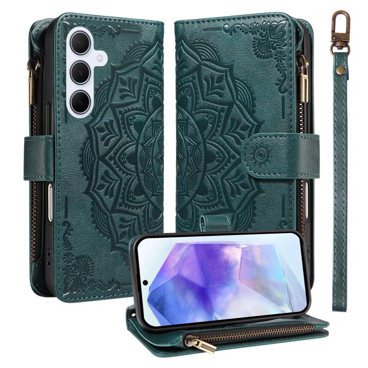 Custodia per telefono in ecopelle vegana con cerniera, protezione RFID e cordino corto, con motivo mandala in rilievo, 9 scomparti per carte e scomparto RFID., For Samsung Galaxy A26 5G / A16 4G, For Samsung Galaxy A36 5G, For Samsung Galaxy A15 5G    ...