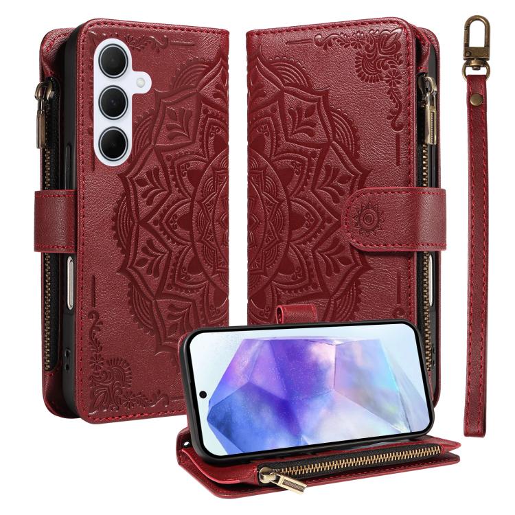 Custodia per telefono in ecopelle vegana con cerniera, protezione RFID e cordino corto, con motivo mandala in rilievo, 9 scomparti per carte e scomparto RFID., For Samsung Galaxy A26 5G / A16 4G, For Samsung Galaxy A36 5G, For Samsung Galaxy A15 5G    ...