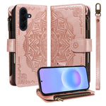 Custodia per telefono in ecopelle vegana con cerniera, protezione RFID e cordino corto, con motivo mandala in rilievo, 9 scomparti per carte e scomparto RFID., For Samsung Galaxy A57 5G, For Samsung Galaxy A37 5G, For Samsung Galaxy A27 5G             ...