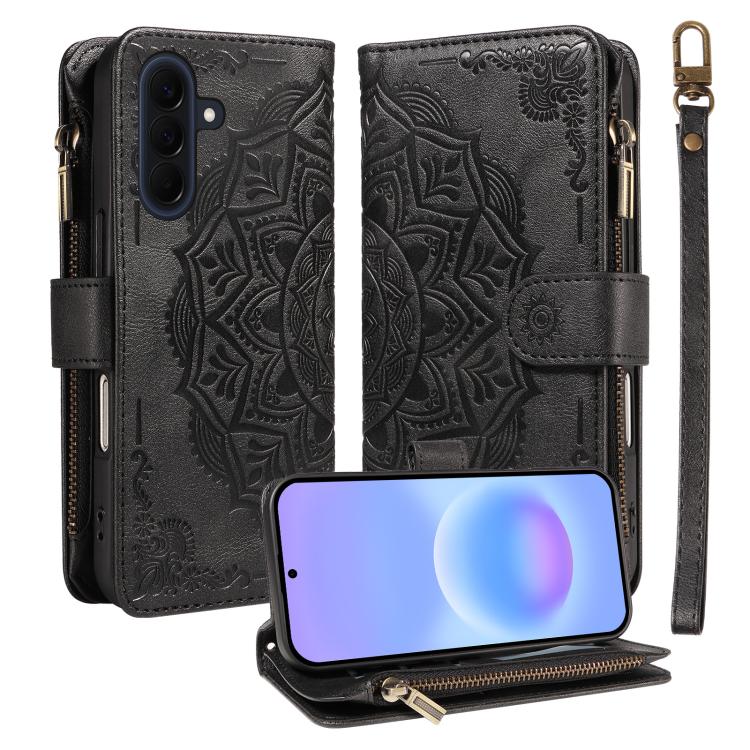 Custodia per telefono in ecopelle vegana con cerniera, protezione RFID e cordino corto, con motivo mandala in rilievo, 9 scomparti per carte e scomparto RFID., For Samsung Galaxy A57 5G, For Samsung Galaxy A37 5G, For Samsung Galaxy A27 5G             ...