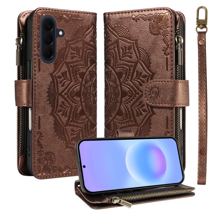 Custodia per telefono in ecopelle vegana con cerniera, protezione RFID e cordino corto, con motivo mandala in rilievo, 9 scomparti per carte e scomparto RFID., For Samsung Galaxy A57 5G, For Samsung Galaxy A37 5G, For Samsung Galaxy A27 5G             ...