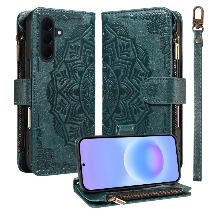 Custodia per telefono in ecopelle vegana con cerniera, protezione RFID e cordino corto, con motivo mandala in rilievo, 9 scomparti per carte e scomparto RFID., For Samsung Galaxy A57 5G, For Samsung Galaxy A37 5G, For Samsung Galaxy A27 5G             ...