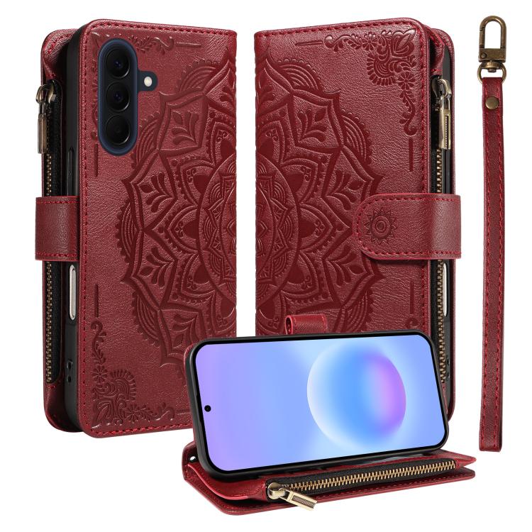 Custodia per telefono in ecopelle vegana con cerniera, protezione RFID e cordino corto, con motivo mandala in rilievo, 9 scomparti per carte e scomparto RFID., For Samsung Galaxy A57 5G, For Samsung Galaxy A37 5G, For Samsung Galaxy A27 5G             ...