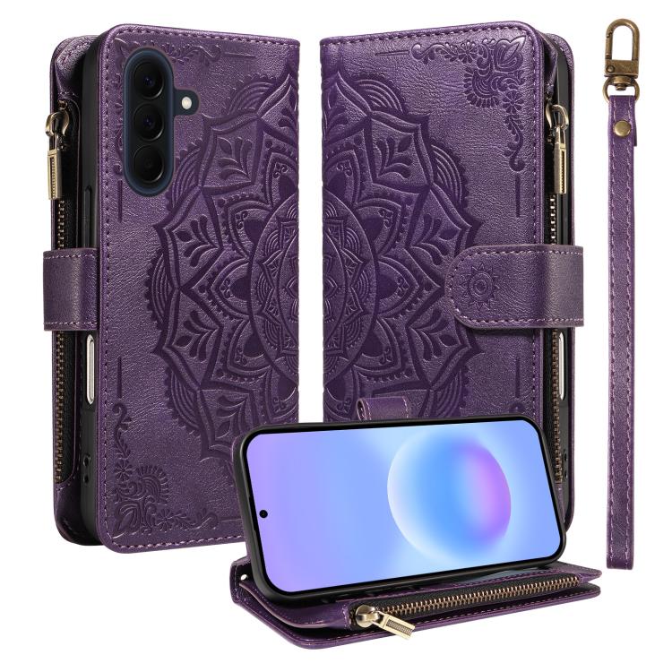 Custodia per telefono in ecopelle vegana con cerniera, protezione RFID e cordino corto, con motivo mandala in rilievo, 9 scomparti per carte e scomparto RFID., For Samsung Galaxy A57 5G, For Samsung Galaxy A37 5G, For Samsung Galaxy A27 5G             ...