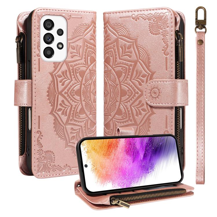 Custodia per telefono in ecopelle vegana con cerniera, protezione RFID e cordino corto, con motivo mandala in rilievo, 9 scomparti per carte e scomparto RFID., For Samsung Galaxy A53 5G, For Samsung Galaxy A73 5G, For Samsung Galaxy A33 5G