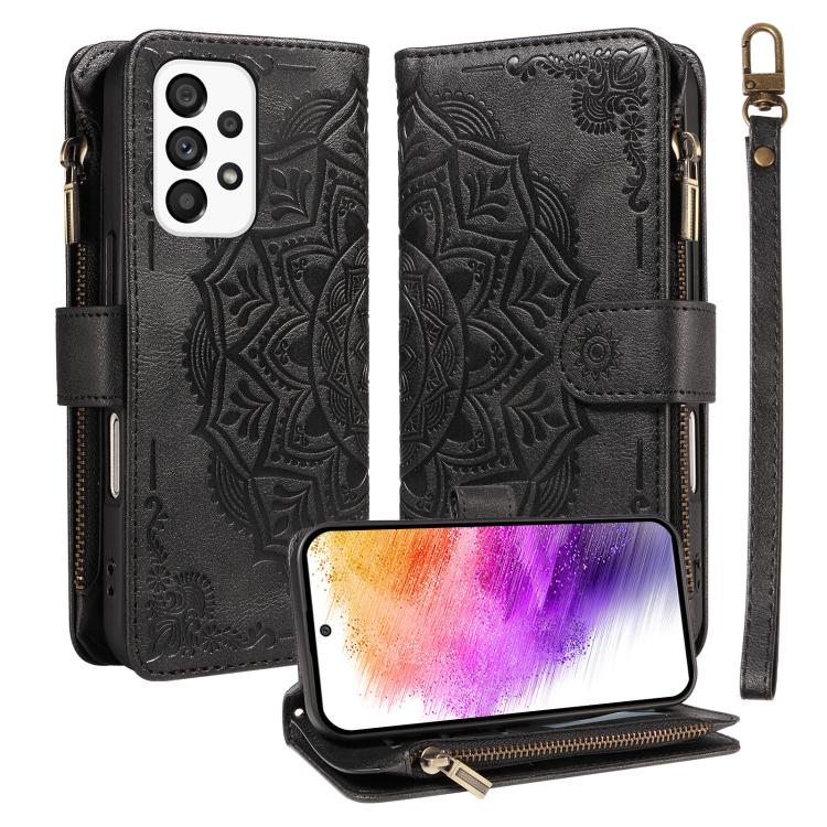 Custodia per telefono in ecopelle vegana con cerniera, protezione RFID e cordino corto, con motivo mandala in rilievo, 9 scomparti per carte e scomparto RFID., For Samsung Galaxy A53 5G, For Samsung Galaxy A73 5G, For Samsung Galaxy A33 5G