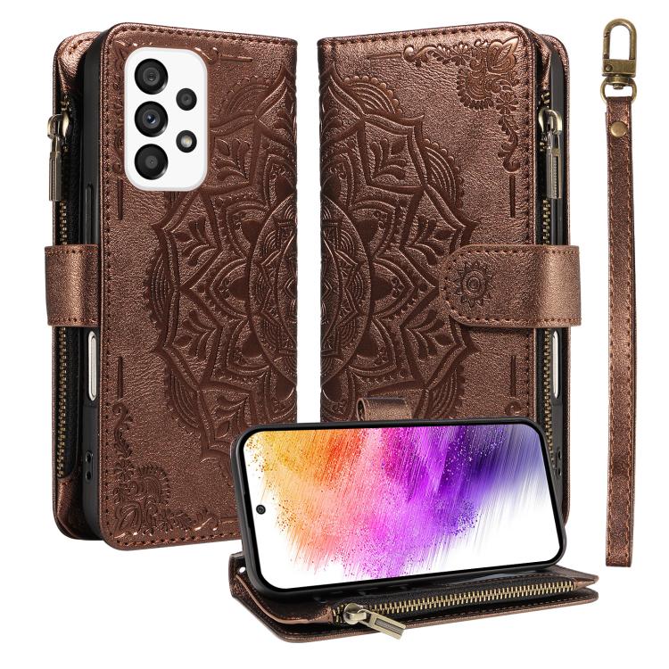 Custodia per telefono in ecopelle vegana con cerniera, protezione RFID e cordino corto, con motivo mandala in rilievo, 9 scomparti per carte e scomparto RFID., For Samsung Galaxy A53 5G, For Samsung Galaxy A73 5G, For Samsung Galaxy A33 5G