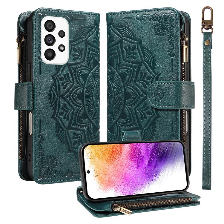 Custodia per telefono in ecopelle vegana con cerniera, protezione RFID e cordino corto, con motivo mandala in rilievo, 9 scomparti per carte e scomparto RFID., For Samsung Galaxy A53 5G, For Samsung Galaxy A73 5G, For Samsung Galaxy A33 5G