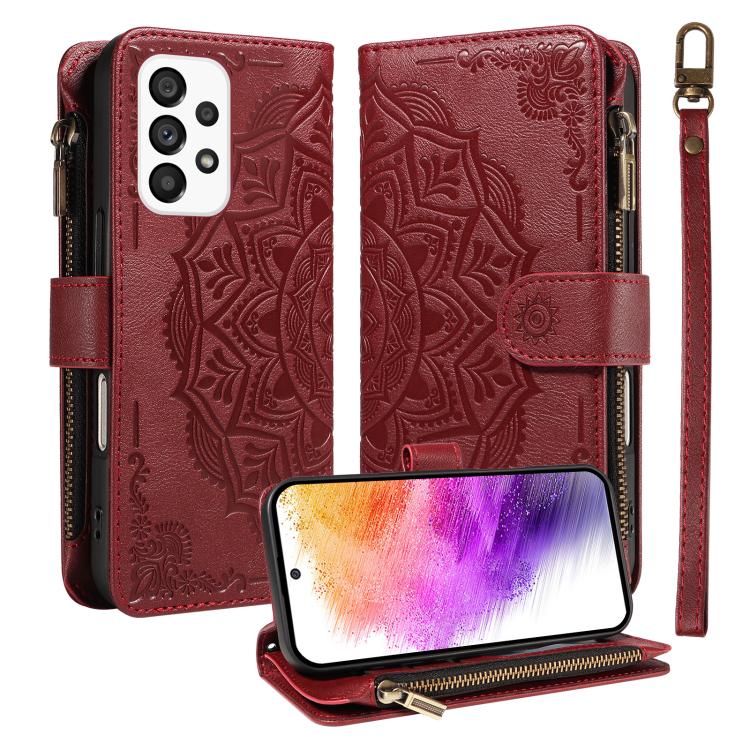 Custodia per telefono in ecopelle vegana con cerniera, protezione RFID e cordino corto, con motivo mandala in rilievo, 9 scomparti per carte e scomparto RFID., For Samsung Galaxy A53 5G, For Samsung Galaxy A73 5G, For Samsung Galaxy A33 5G
