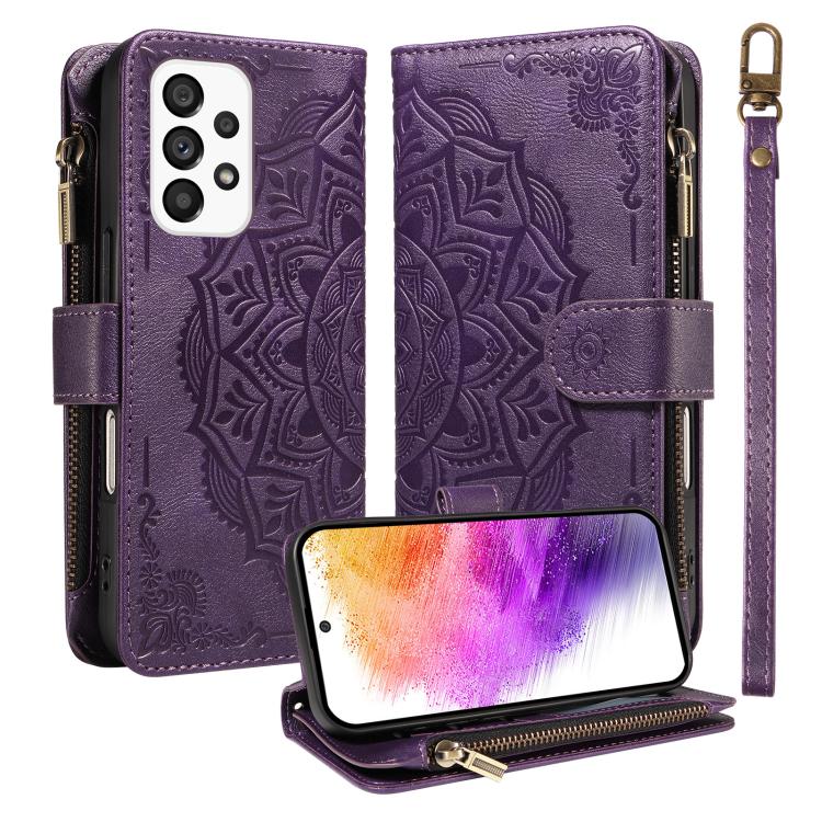 Custodia per telefono in ecopelle vegana con cerniera, protezione RFID e cordino corto, con motivo mandala in rilievo, 9 scomparti per carte e scomparto RFID., For Samsung Galaxy A53 5G, For Samsung Galaxy A73 5G, For Samsung Galaxy A33 5G