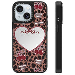 Custodia per telefono con specchio e motivo leopardato e ciliegia., For iPhone 15 Plus, For iPhone 15
