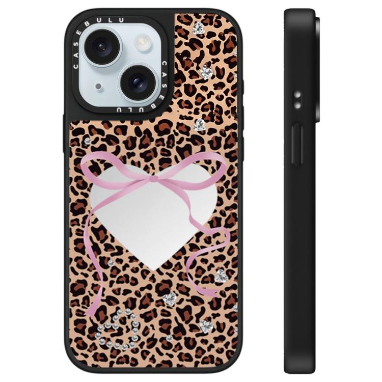 Custodia per telefono con specchio e motivo leopardato e ciliegia., For iPhone 15 Plus, For iPhone 15