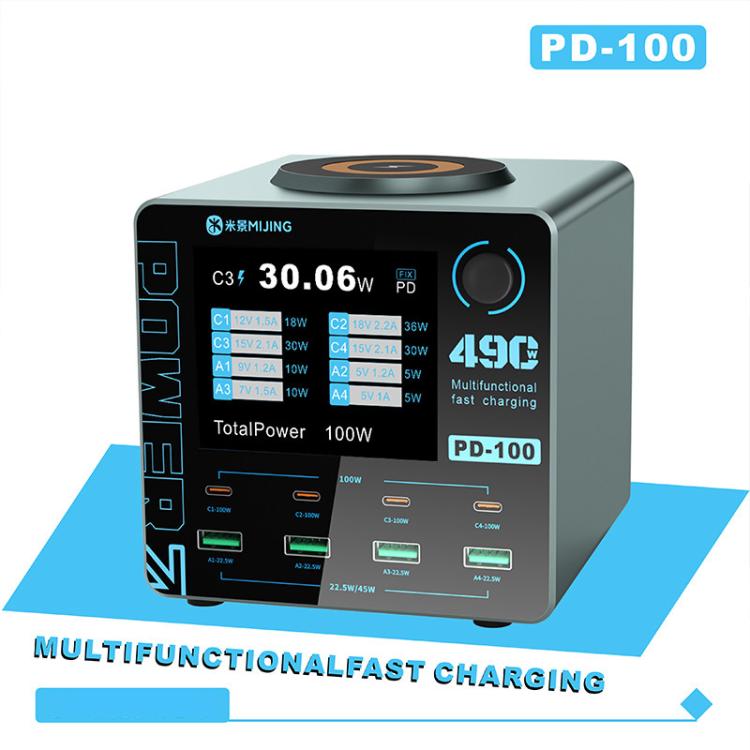 Caricabatterie intelligente multiporta Mijing PD100 da 100 W con supporto per ricarica rapida QC/PD e ricarica wireless da 15 W., EU Plug, US Plug