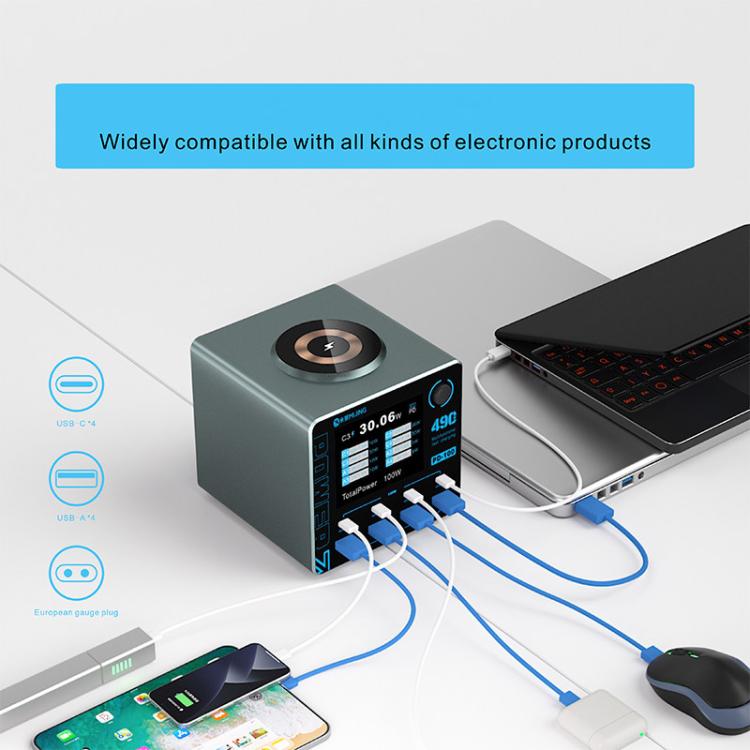 Caricabatterie intelligente multiporta Mijing PD100 da 100 W con supporto per ricarica rapida QC/PD e ricarica wireless da 15 W., EU Plug, US Plug