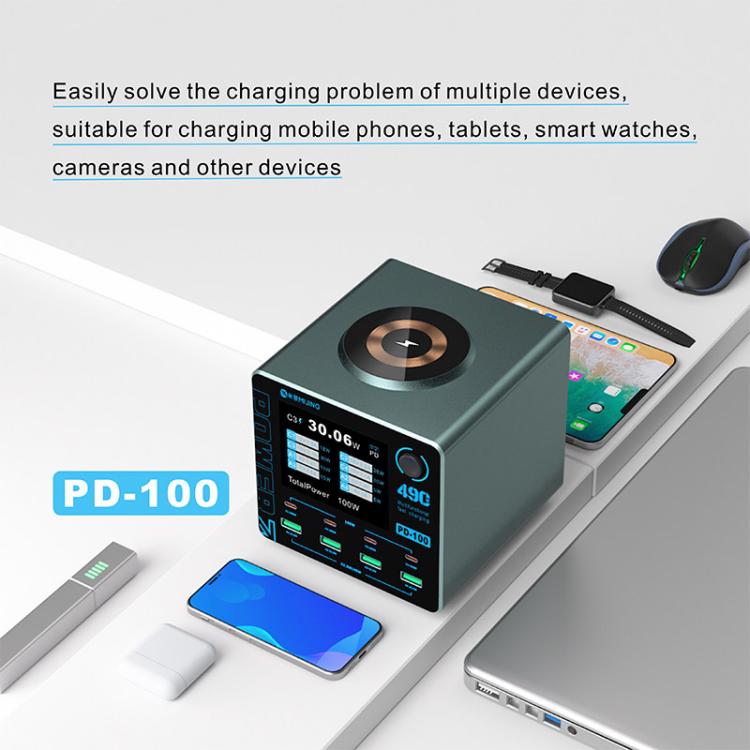Caricabatterie intelligente multiporta Mijing PD100 da 100 W con supporto per ricarica rapida QC/PD e ricarica wireless da 15 W., EU Plug, US Plug