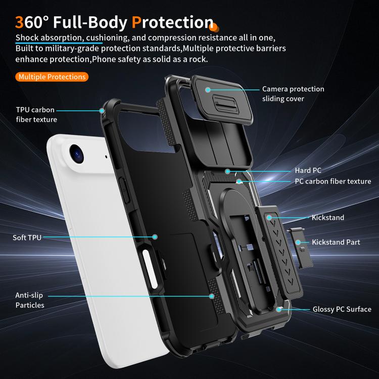 Custodia per telefono ibrida in PC e TPU con supporto invisibile per fotocamera scorrevole., For iPhone Air, For iPhone 16 Pro Max, For iPhone 16 Pro