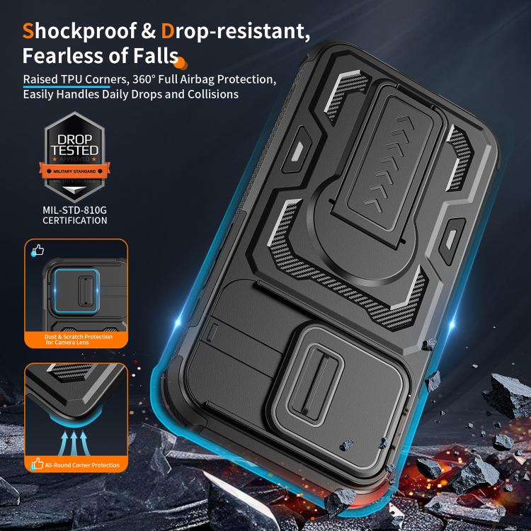 Custodia per telefono ibrida in PC e TPU con supporto invisibile per fotocamera scorrevole., For iPhone 17e / 16e, For iPhone 17 Pro Max, For iPhone 17 Pro, For iPhone 17